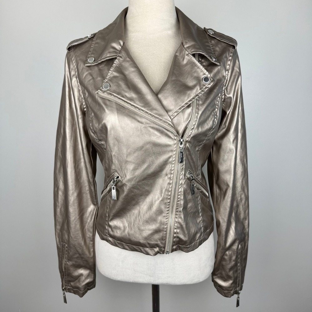 Joujou Womens Metallic Bronze Gold Faux Leather Moto Biker Jacket Size Medium